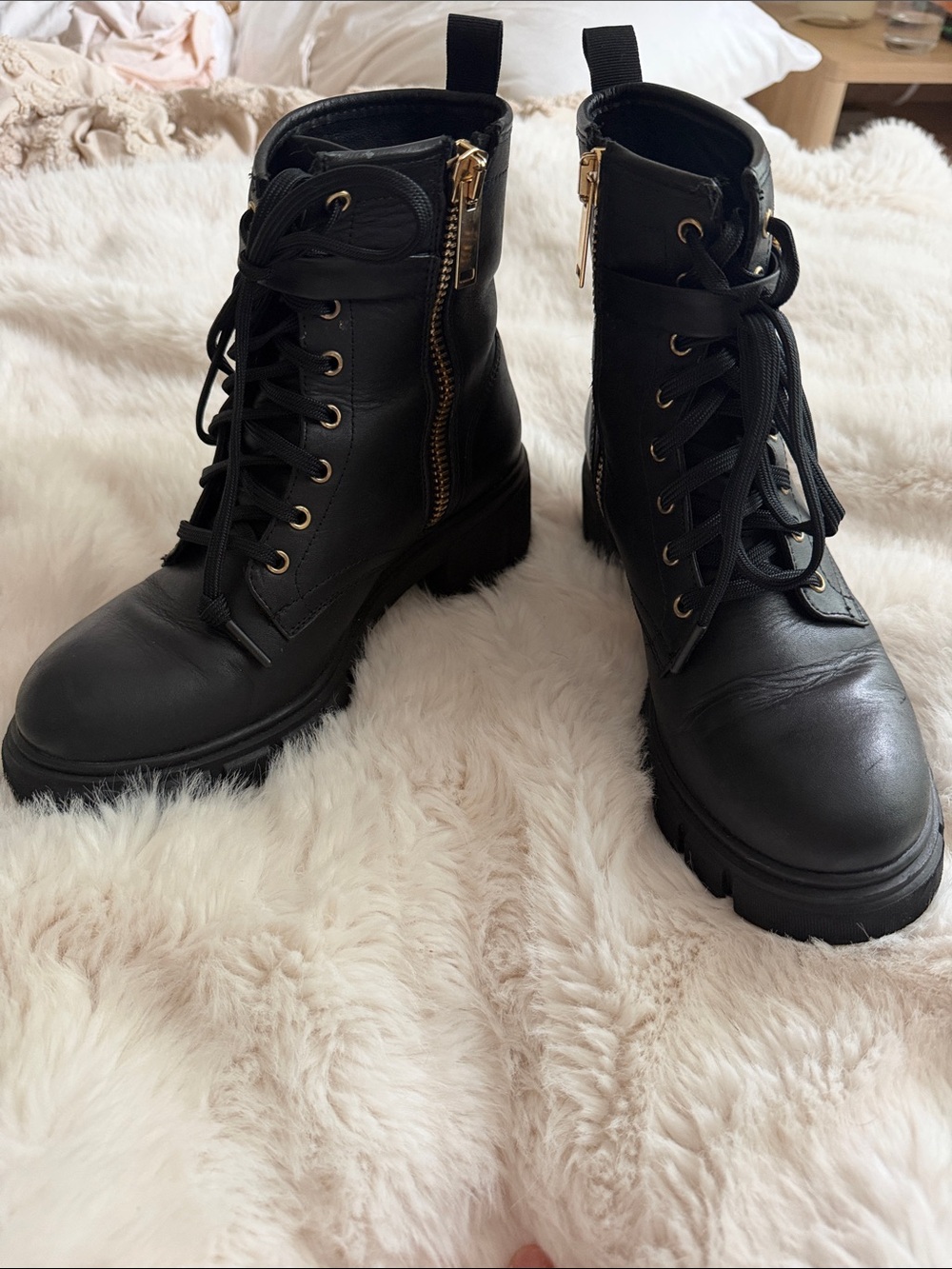 Thursday Boot Company Black Lace-Up Boots with Gold Zipper Accents